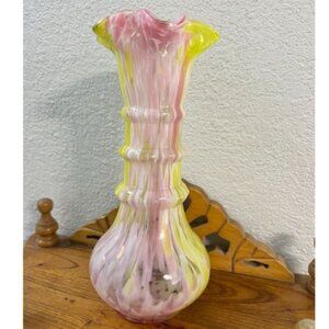 Vintage Pink & Yellow Splatter Art Glass Vase